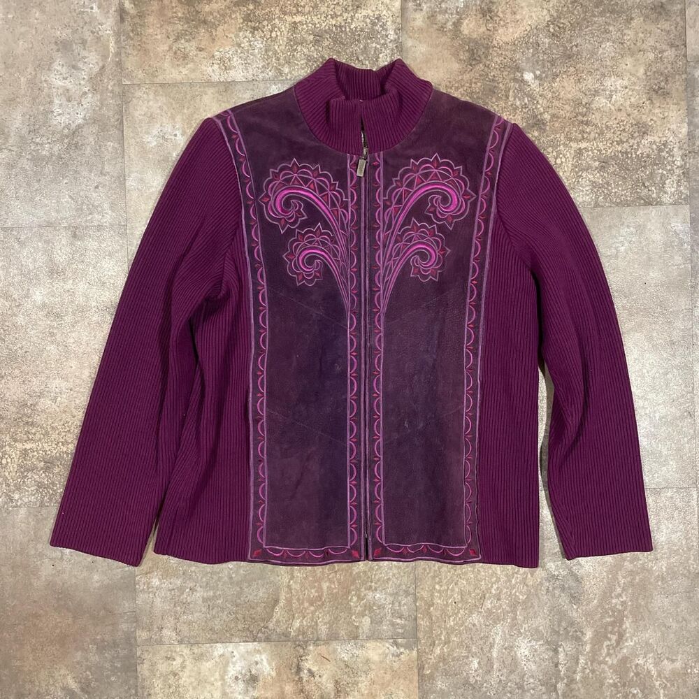bob mackie wearable art vintage y2k purple paisley leather zip up jacket large